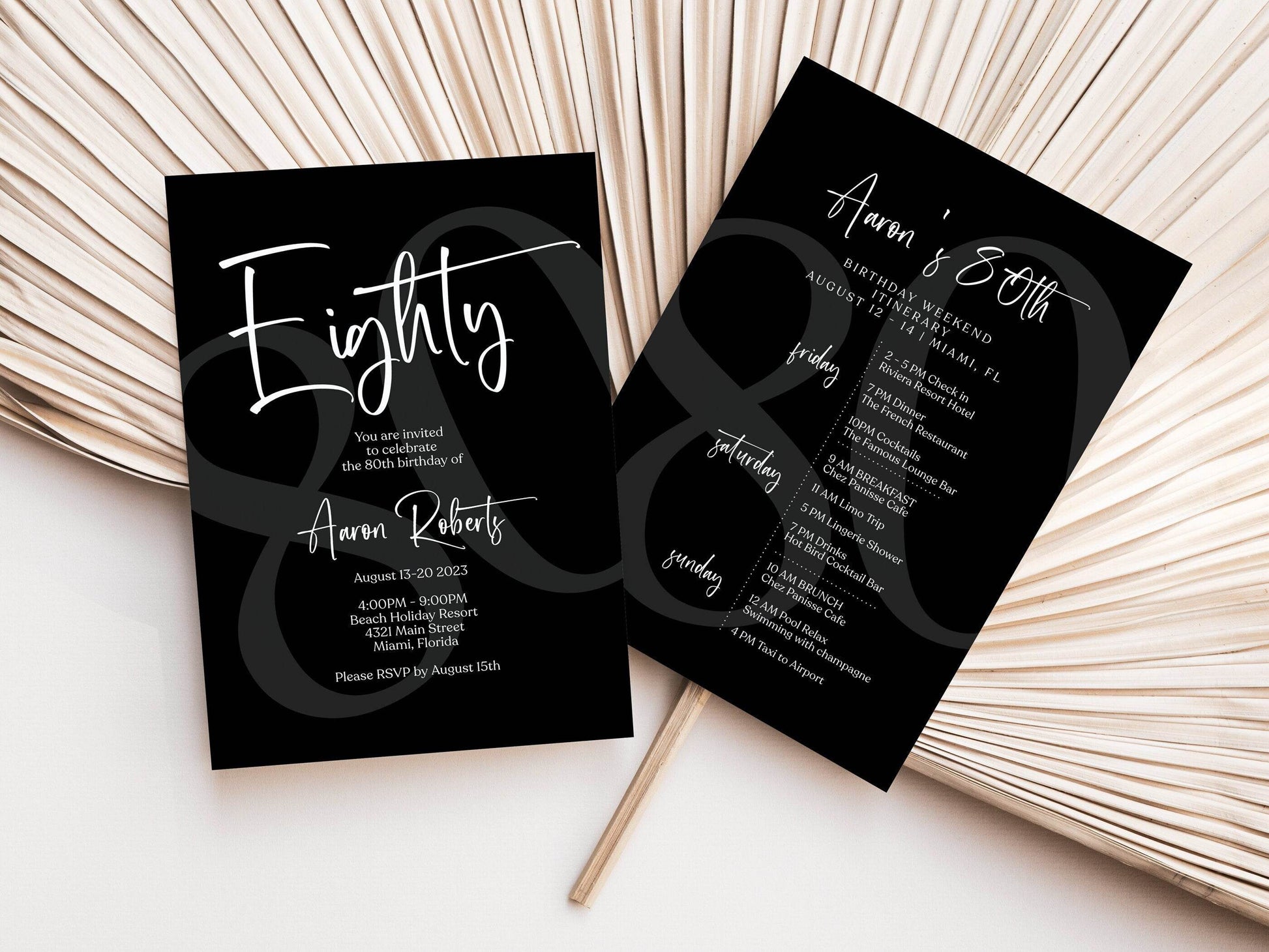 Printable Simple Black 80th Birthday Weekend Itinerary – Editable Minimalist Event Schedule | Birthday Weekend Invite Template | Instant Download