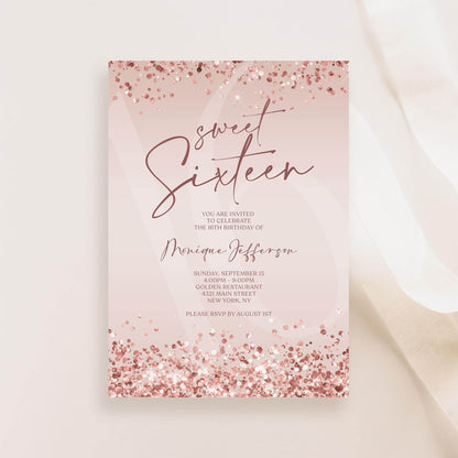 Sweet Sixteen Invitation Template Printable, Pink Rose Gold Confetti 16th Birthday Invite, Editable Girl Party Evite, Text Message Download
