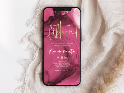 Fuchsia Pink Gold 15th Birthday Invitation Template | Instant Download | DIY Phone Invite