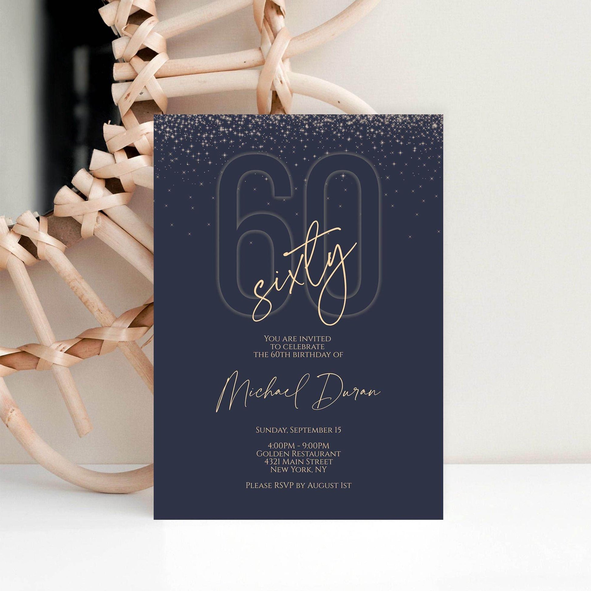 Printable Blue & Gold 60th Birthday Invitation – Editable Navy Digital Evite | Men's DIY Email or Text Message Invite Template