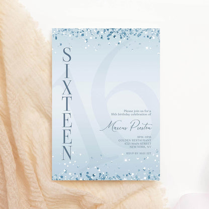 Editable Blue Confetti 16th Birthday Invitation for Boys, Surprise Party Text Message Evite, Printable Teen Boy Birthday Invite