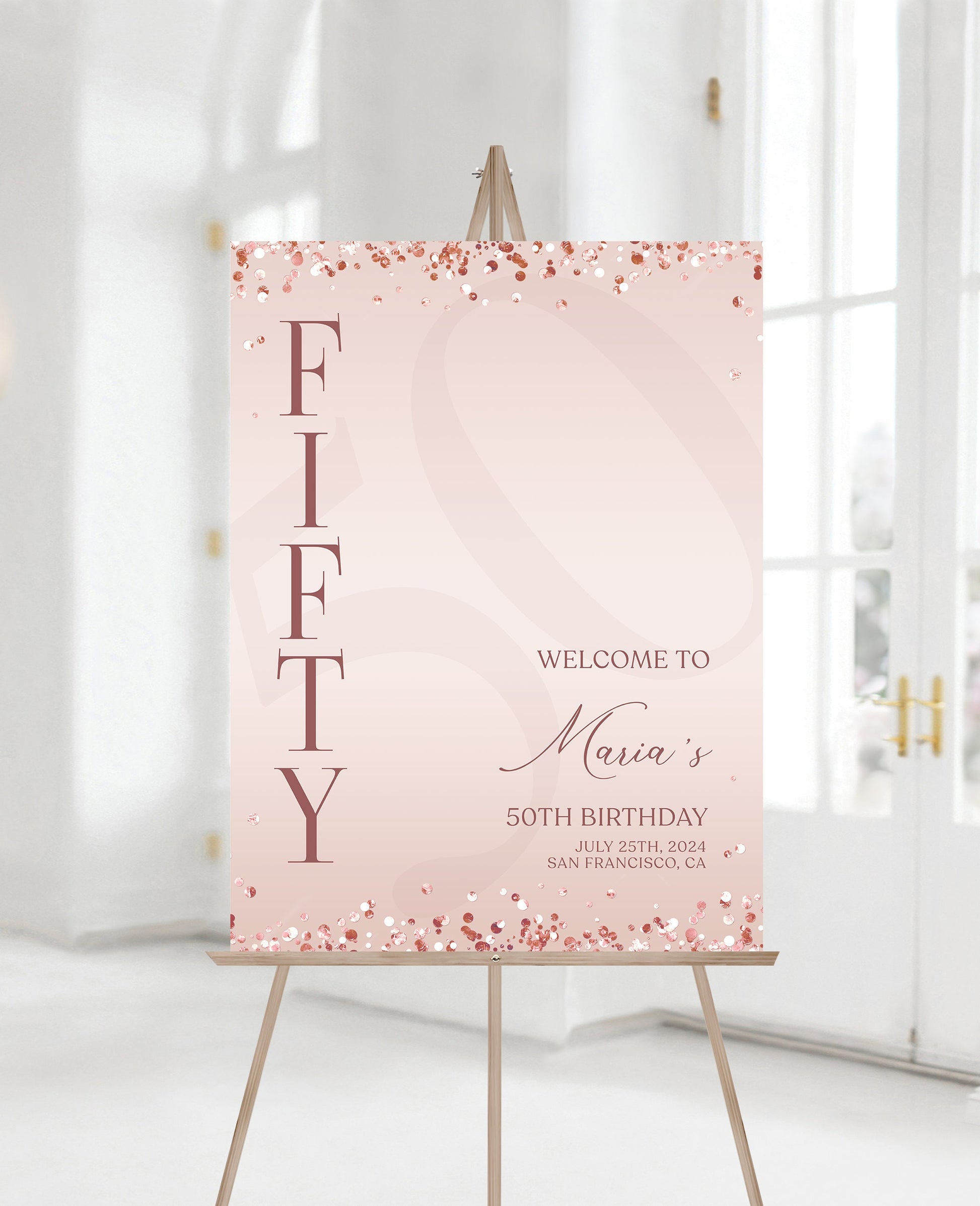 Printable Rose Gold 50th Fifty Birthday Welcome Sign Template, Editable Sign, Blush Pink Birthday Welcome Sign Poster, Modern Welcome Board