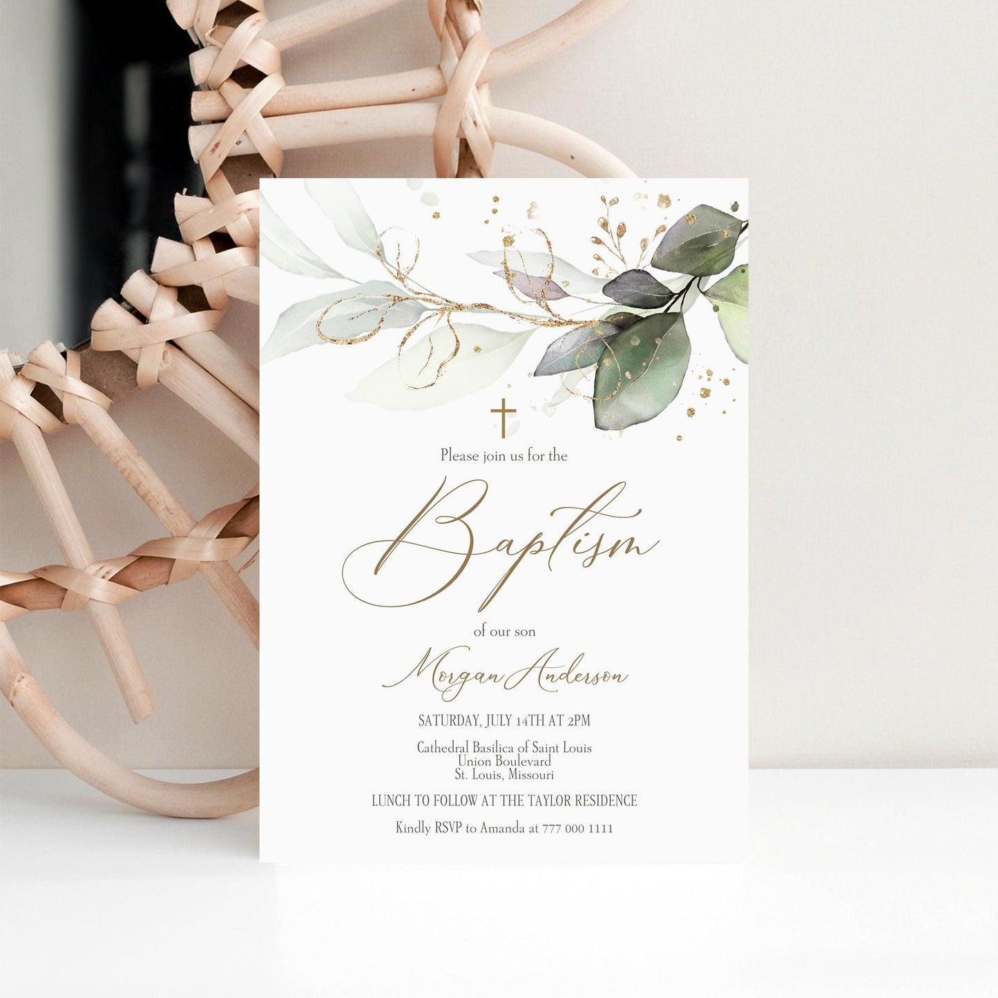Editable Baptism Invitation Card Template, Greenery Baptism Invite, Boy Girl Christening Invitation, Digital Gold Foil Leves Baptism Evite