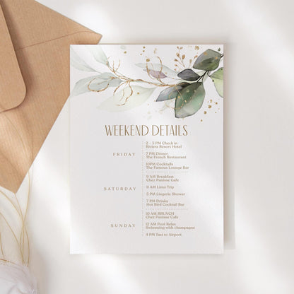 Editable Greenery Wedding Itinerary Card Template, Eucalyptus Birthday Weekend Details Template, Digital Timeline Schedule Weekend Events
