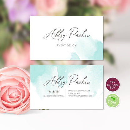 Watercolor Business Card, Small Business, Interior Designer, Event Planner, Social Icons, Turquoise Business Card Template, Instant Download