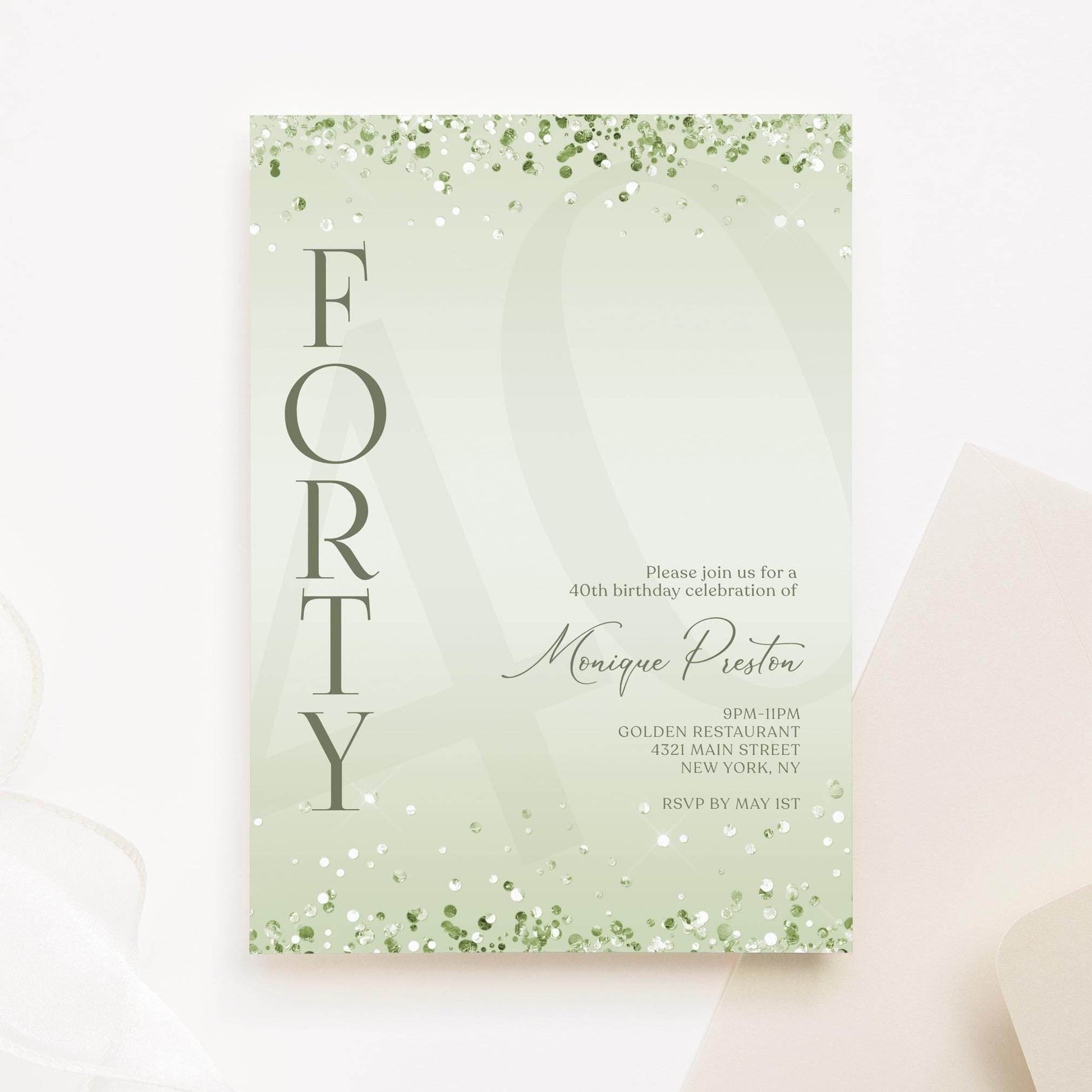 Editable Mint Green 40th Birthday Invitation Template – Printable Surprise Party Invite | Modern Digital Birthday Card | Email Text Message Evite