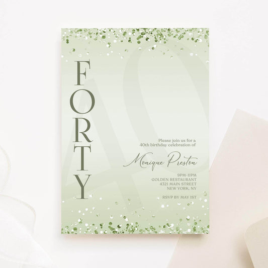 Editable Mint Green 40th Birthday Invitation Template – Printable Surprise Party Invite | Modern Digital Birthday Card | Email Text Message Evite