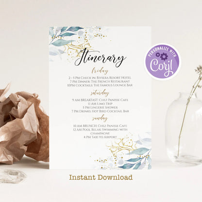 Printable Wedding Itinerary, Greenery Itinerary Template Destination Wedding, Bachelorette Weekend Itinerary Editable, Birthday itinerary