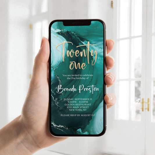 Editable Digital Teal 21st Birthday Invitation Template – Instant Download
