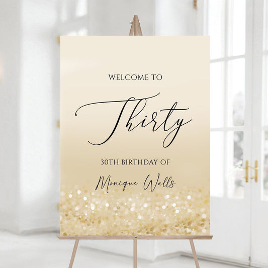 Printable Gold 30th Thirty Birthday Party Welcome Sign, Editable Template, Modern Birthday Welcome Sign Template, Gold Confetti Board Poster