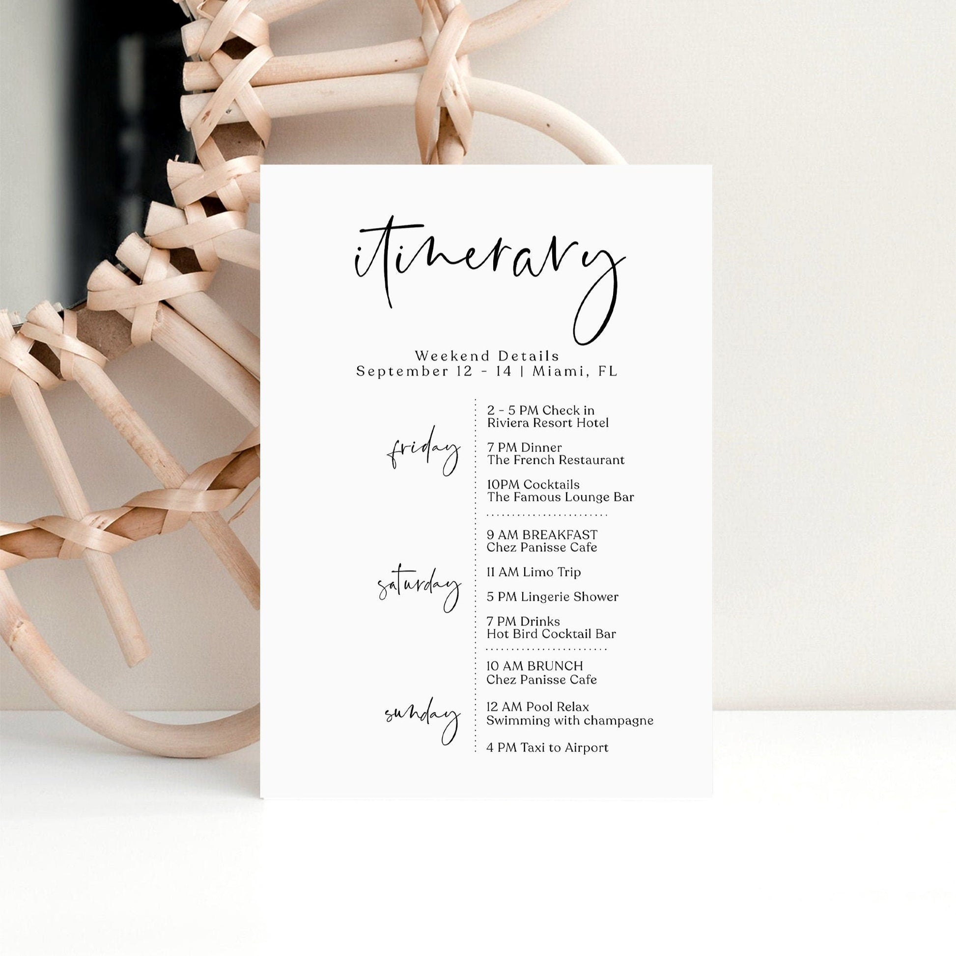 Minimalist Itinerary Template | Printable & Editable Weekend Schedule | Elegant Bachelorette or Birthday Itinerary | Digital Download