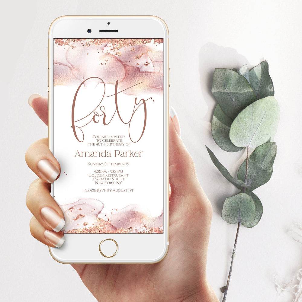 40th Birthday Electronic Invite, Rose Gold Foil Editable Phone Invitation, SMS Email Text Message Evite, DIY Digital Birthday Template, Instant Download