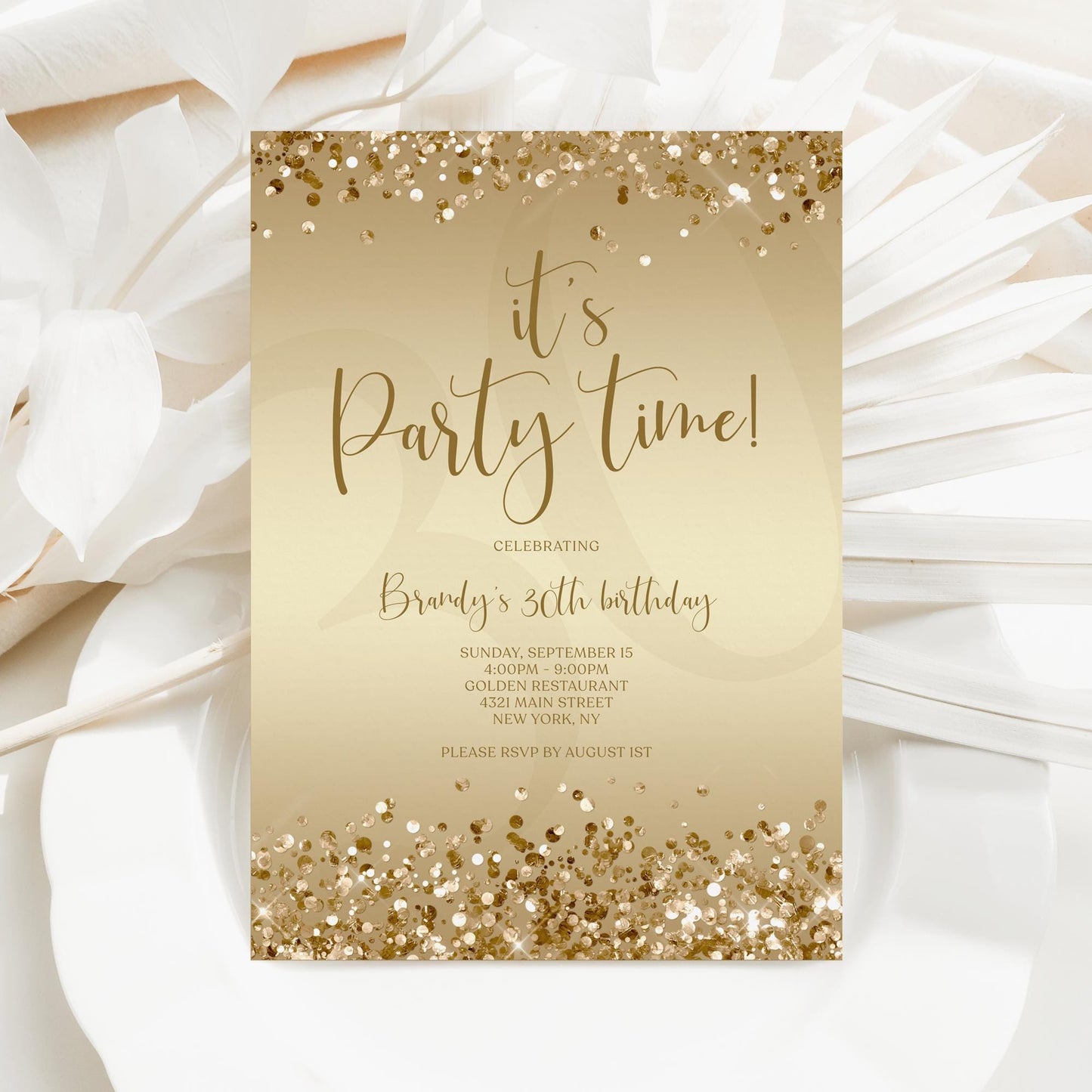 Gold Party Time Invitation Template - Luxury Editable Design