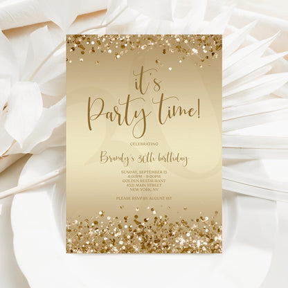 Gold Party Time Invitation Template - Luxury Editable Design