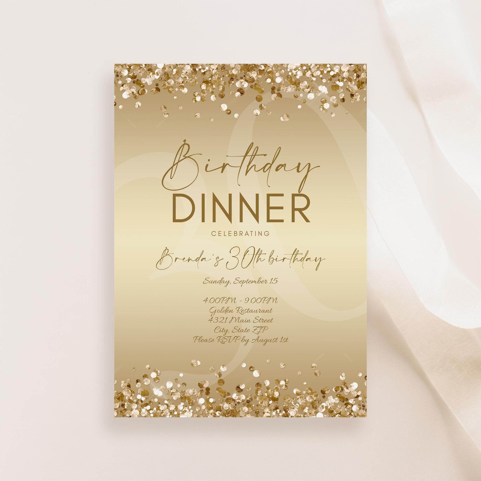 Gold Birthday Dinner Invitation Template Printable, Editable Gold Birthday Dinner Invite, Any Age Birthday, Email Text Message Invitation