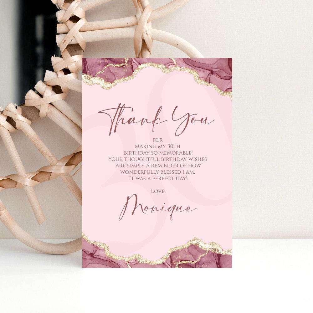 Burgundy Pink Gold Watercolor Thank-You Card, Editable Birthday & Anniversary Thank-You Template, Printable Digital Download