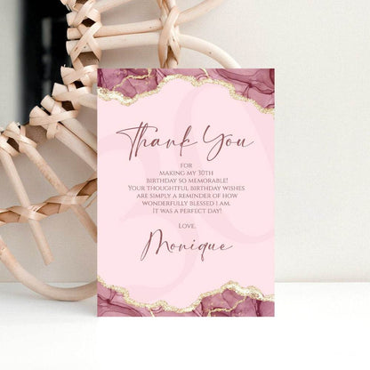 Burgundy Pink Gold Watercolor Thank-You Card, Editable Birthday & Anniversary Thank-You Template, Printable Digital Download
