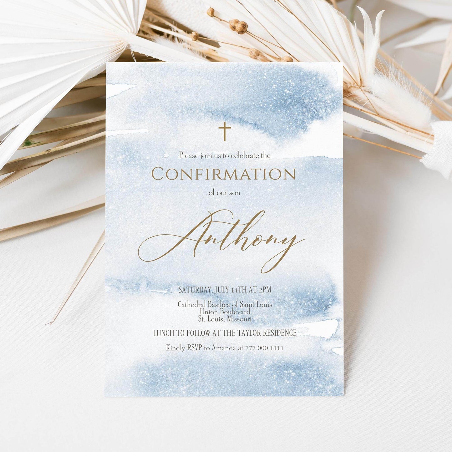 Boy Confirmation Invitation Template Printable , Blue Gold Watercolor Confirmation Invite, Editable Confirmation Card, Email Text Message