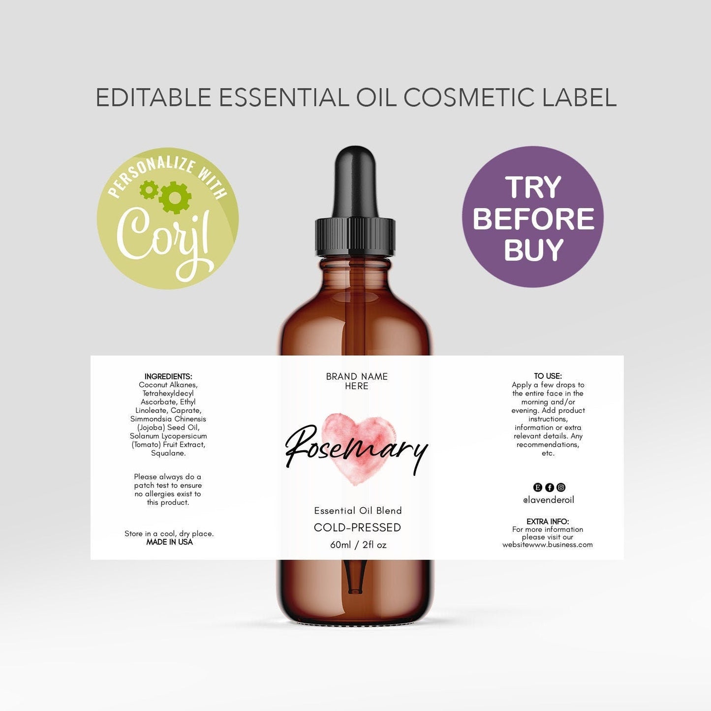 Custom Product Label, 1/2 oz 1oz 2oz 4oz Editable Label Template, Essential Oil Label Design, DIY Label Bottle Label, Oil Dropper Cosmetic