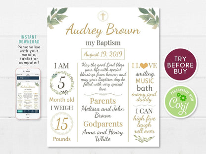 Baptism Milestone Sign, Greenery Baptism Chalkboard Poster, Editable Baptism Board for Girl or Boy, Gold Baptism Decorations, Printable Template
