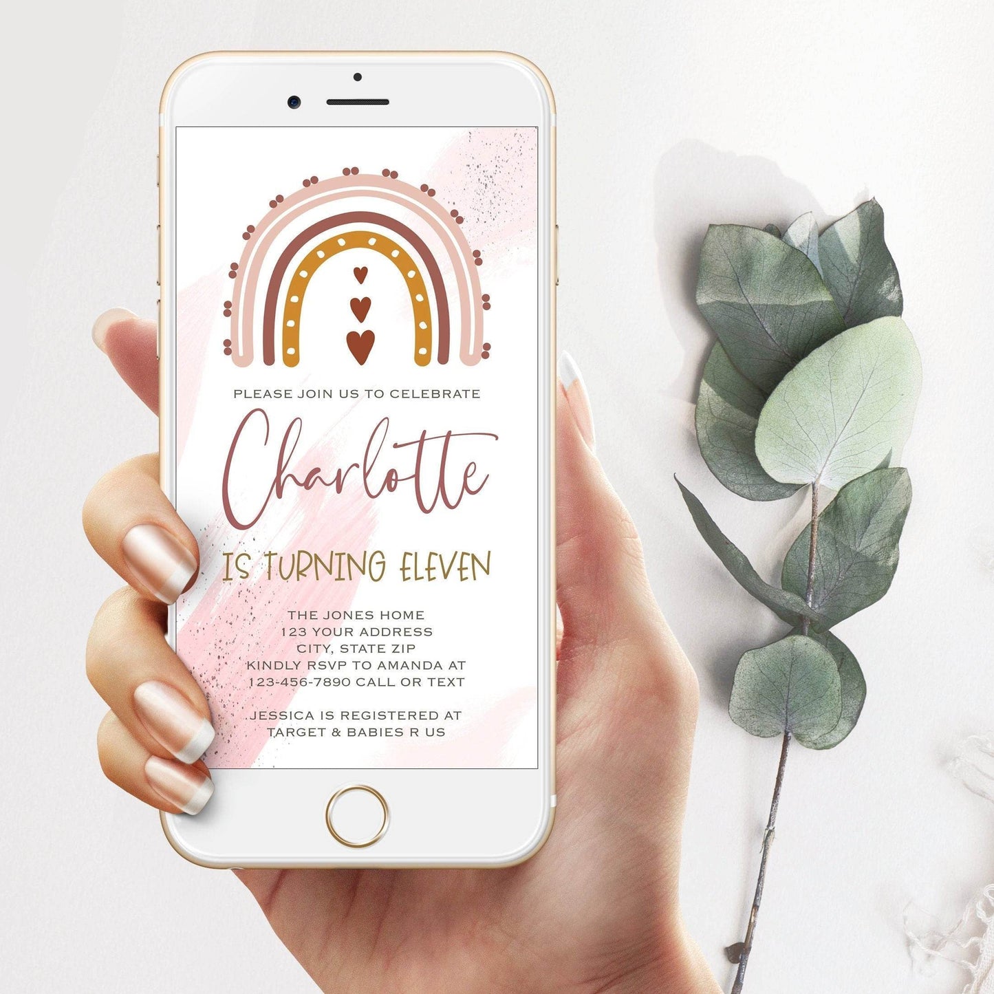 Earthy Rainbow 11th Birthday Invitation, Boho Pastel Rainbow Eleven Birthday Evite, Editable Muted Tones Digital Invite, Printable DIY Template