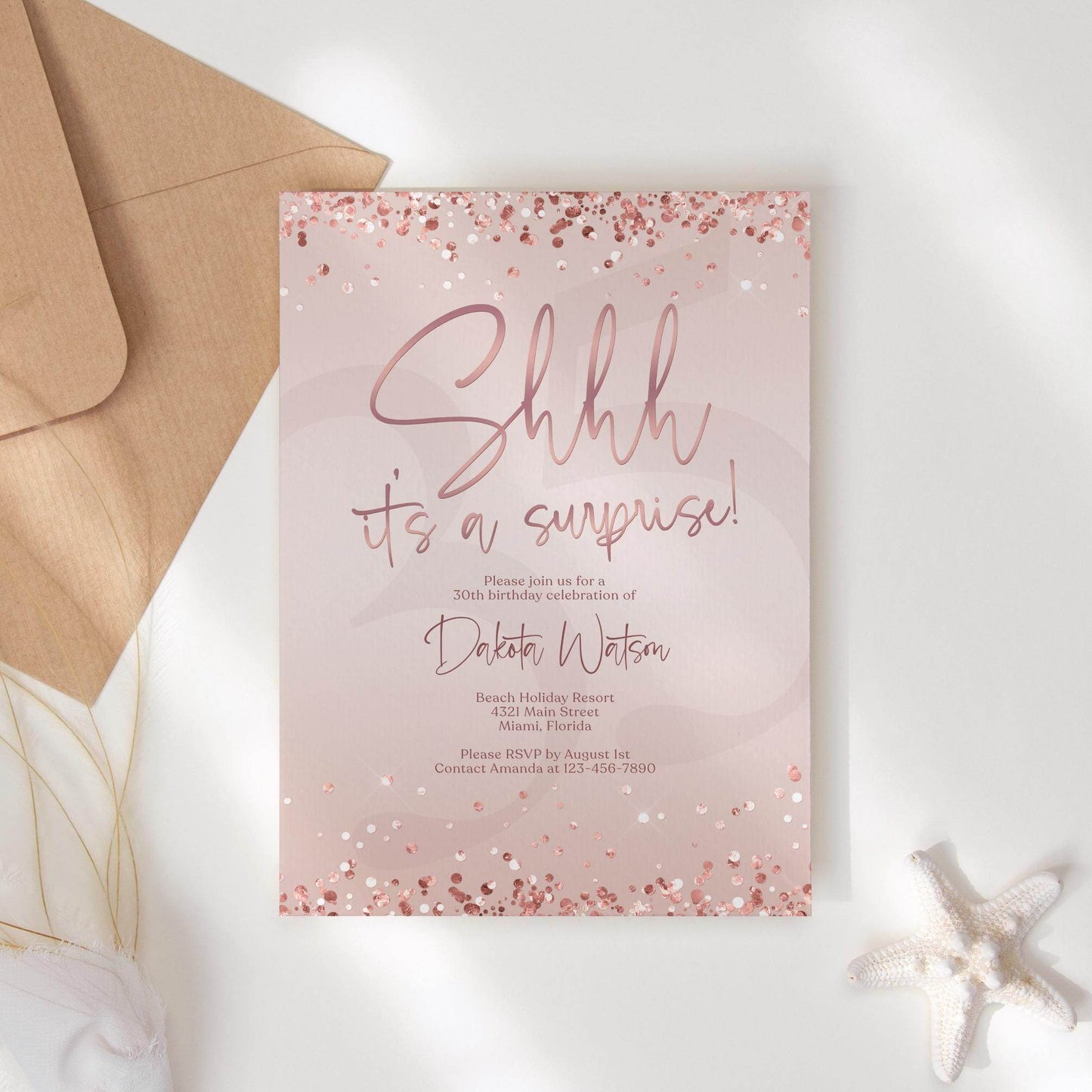 Surprise Party Invitation Template | Pink Rose Gold “Shhh... It’s a Surprise” Editable Birthday Invite | Any Age Digital Evite | Instant Download