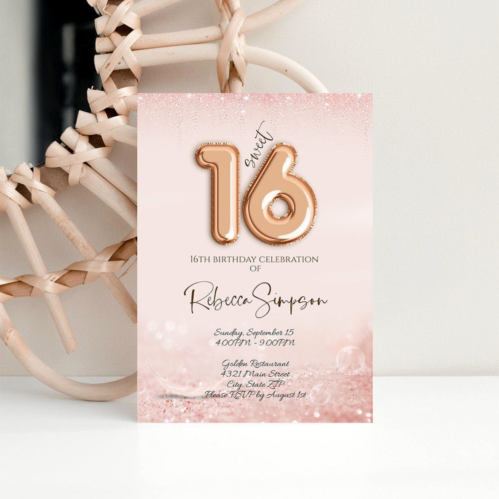Sweet 16 Birthday Party Invitation | Rose Gold & Pink | Editable Template