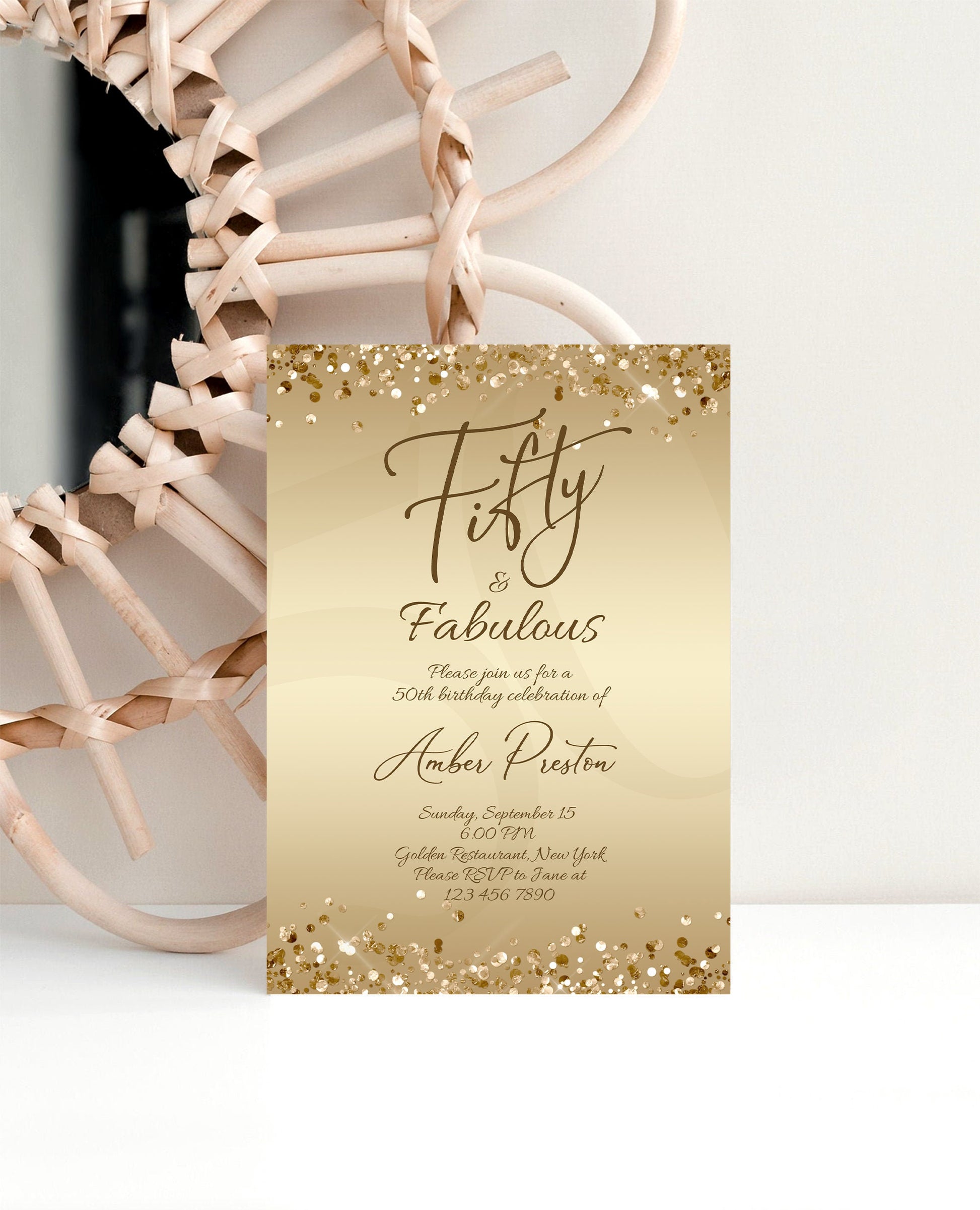 Gold 50th Fifty Birthday Invitation for Her, Fifty & Fabulous Surprise Party Invite, Editable Gold Foil Confetti, Printable Women Invitation