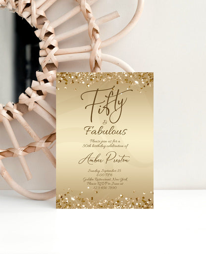 Gold 50th Fifty Birthday Invitation for Her, Fifty & Fabulous Surprise Party Invite, Editable Gold Foil Confetti, Printable Women Invitation