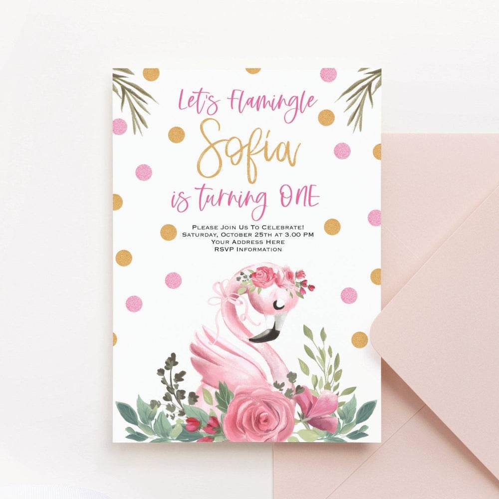 Pink Flamingo Birthday Invitation – Editable Floral Rose Gold First Birthday Invite | Tropical Party Invitation | Instant Download