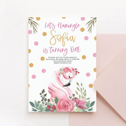 Pink Flamingo Birthday Invitation – Editable Floral Rose Gold First Birthday Invite | Tropical Party Invitation | Instant Download