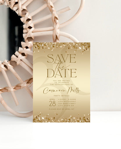 Gold Save the Date Birthday Invitation | Editable Luxury Invite Template | Printable & Digital Text Message Evite | Instant Download