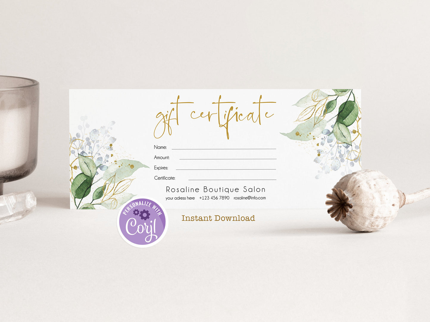 Greenery Gold Gift Card Calligraphy | Editable Certificate | Instant Download