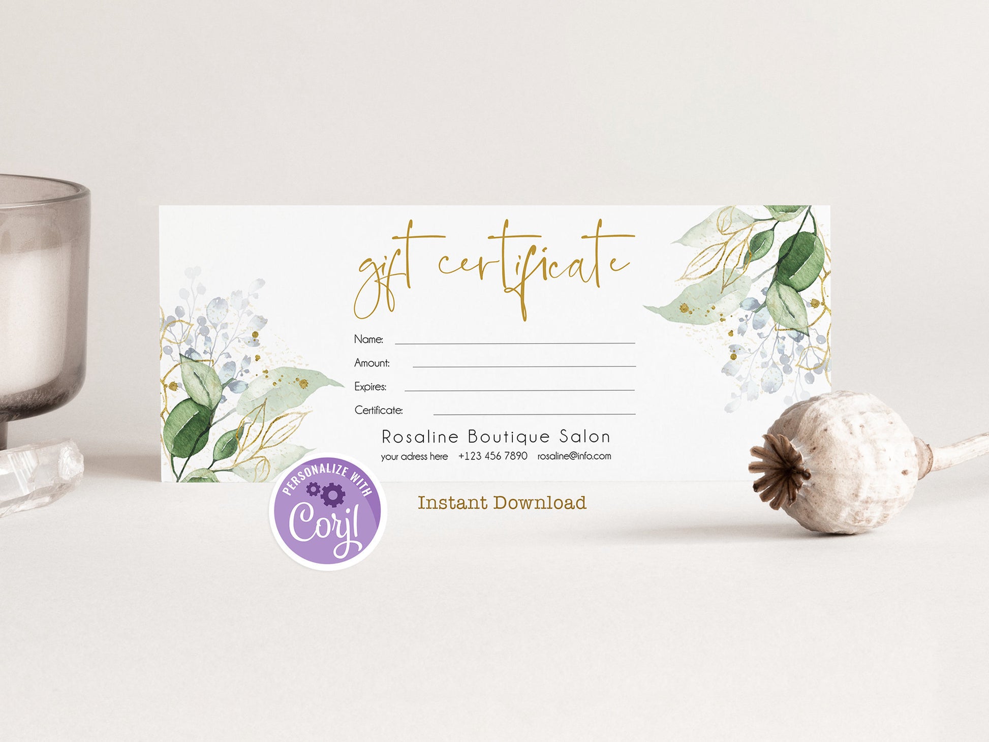Greenery Gold Gift Card Calligraphy | Editable Certificate | Instant Download