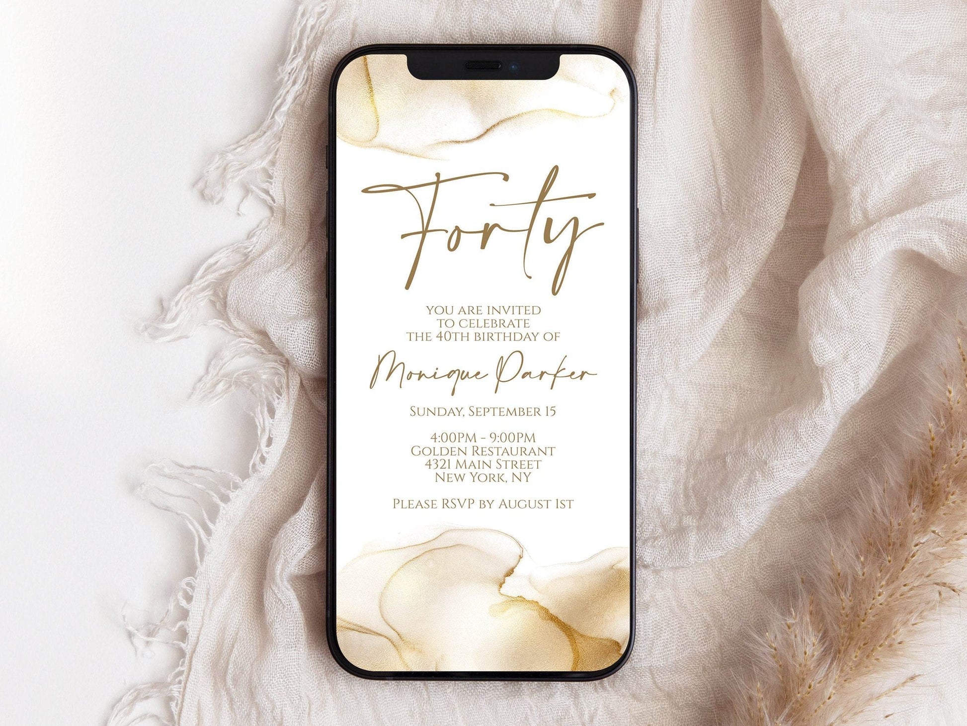 Digital Forty 40th Gold Foil Birthday Text Invitation Template, DIY Editable Invite, Electronic Invitation, Phone Invite, Instant Download