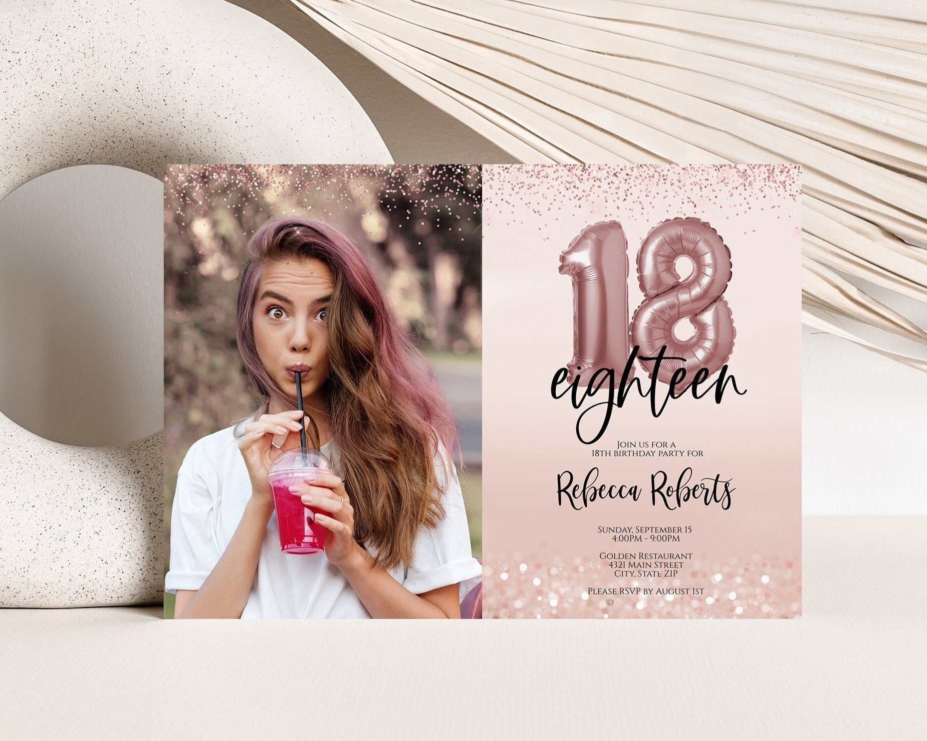 Printable Eighteen Rose Gold Balloon Photo Birthday Invitation, 18th Girl Party Editable Invite, 5x7, Digital Invitation, Instant Download