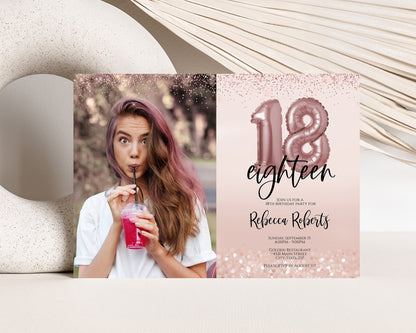 Printable Eighteen Rose Gold Balloon Photo Birthday Invitation, 18th Girl Party Editable Invite, 5x7, Digital Invitation, Instant Download