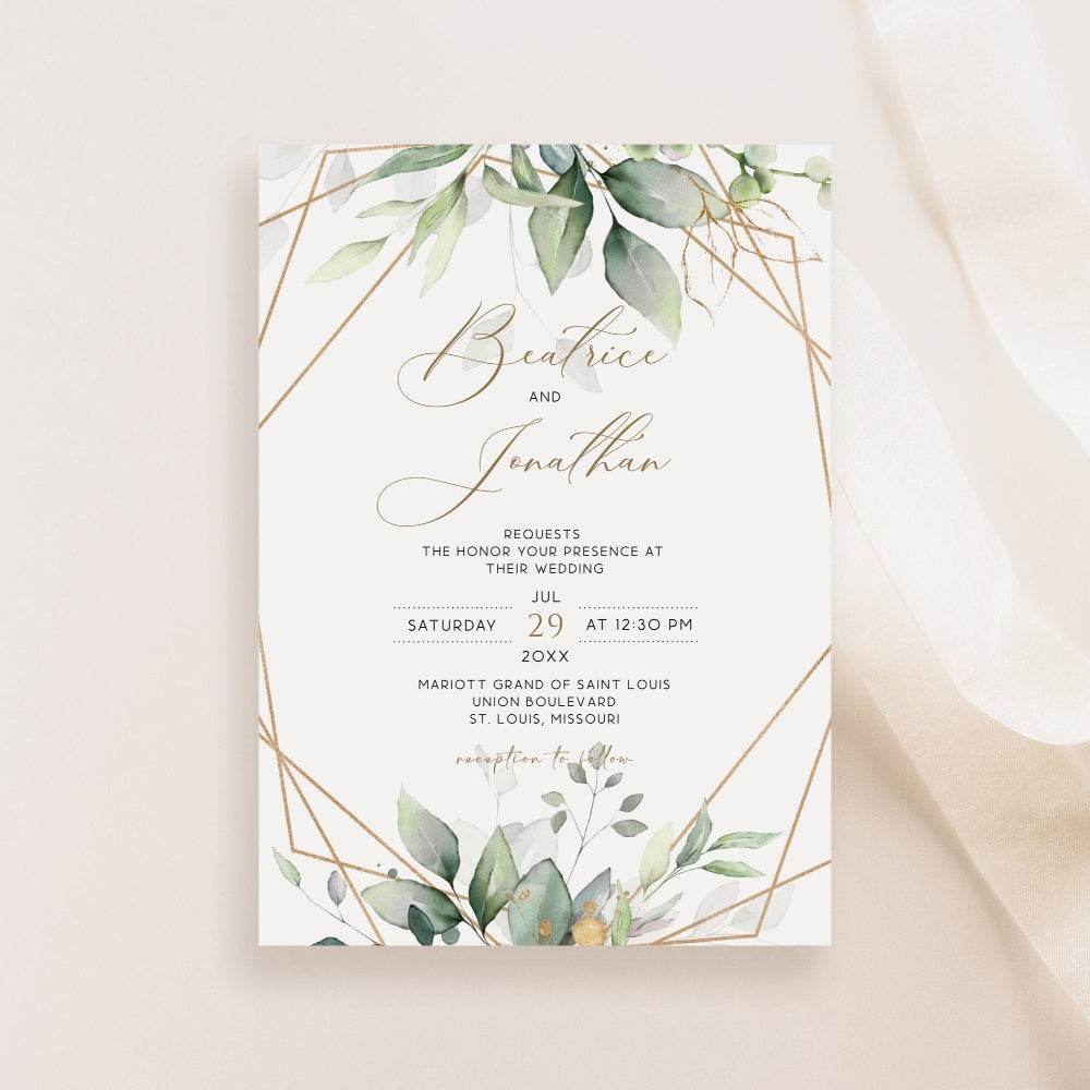 Printable Elegant Greenery Wedding Invitation Template | Gold Geometric Sage Green Invite | Editable Wedding Template | Instant Download