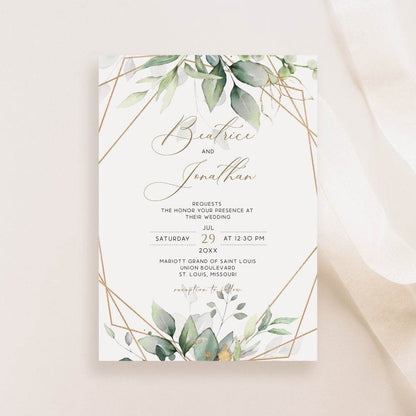 Printable Elegant Greenery Wedding Invitation Template | Gold Geometric Sage Green Invite | Editable Wedding Template | Instant Download