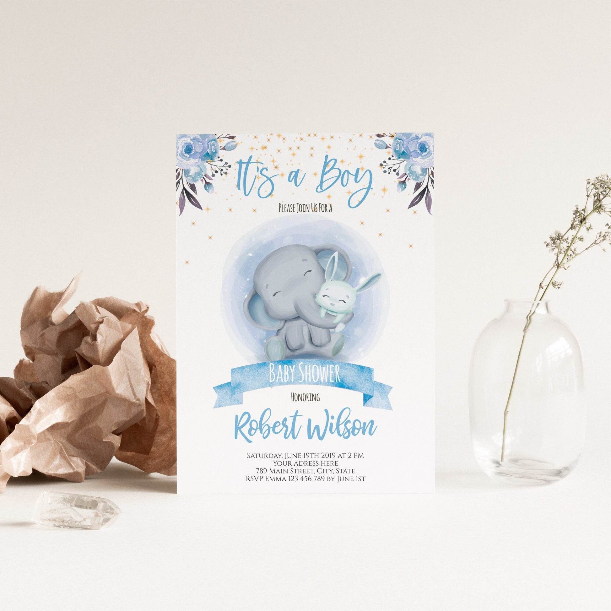 Blue Floral Elephant Baby Shower Invitation, It’s a Boy Watercolor Elephant Invite, Sweet Little Peanut Theme, Digital Baby Shower Template, Instant Download