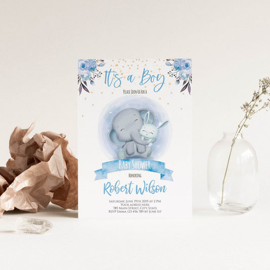 Blue Floral Elephant Baby Shower Invitation, It’s a Boy Watercolor Elephant Invite, Sweet Little Peanut Theme, Digital Baby Shower Template, Instant Download