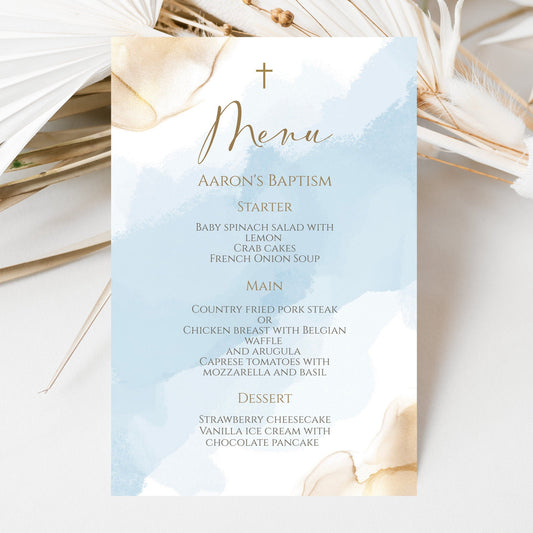 Boy Baptism Menu Card Template, Printable Baptism Menu, Blue Gold Watercolor Menu, Editable Menu, Christening Digital Menu Card Template