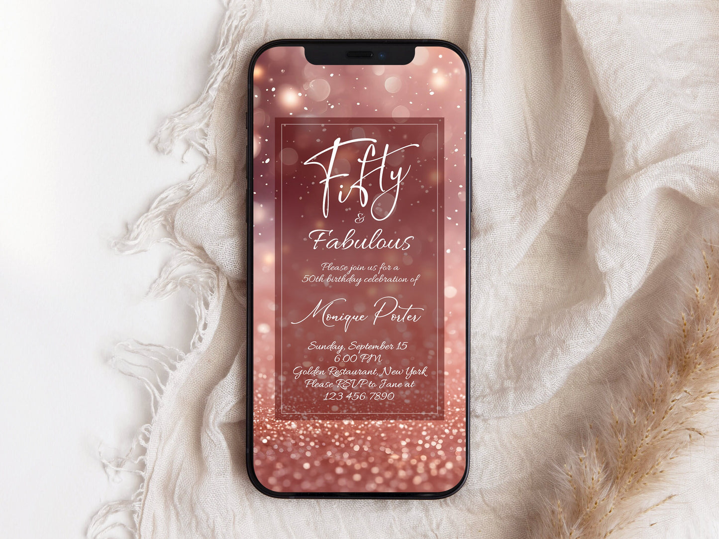 50th Birthday Dinner Party Invitation | Rose Gold Glitter "Fifty and Fabulous" Evite | Editable Text Message Invite | Digital Download