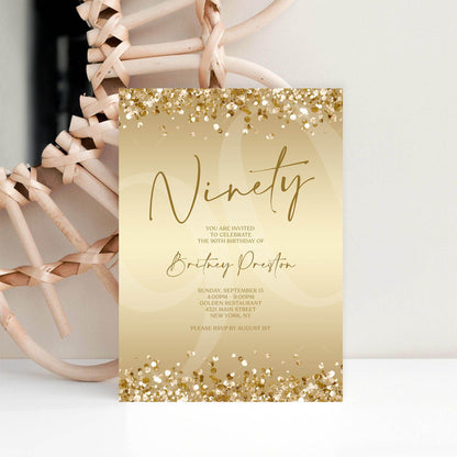 Gold Ninety 90th Invitation Template Printable, Editable Gold Confetti 90th Birthday Invite, Email Text Message, Ladies Surprise Party Card