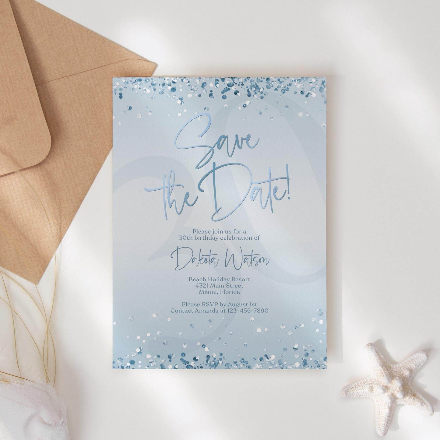 Blue Save the Date Invitation Template | Editable Blue & Silver Birthday Party Invite | Printable Any Age Digital Card | Email or Text Message Evite