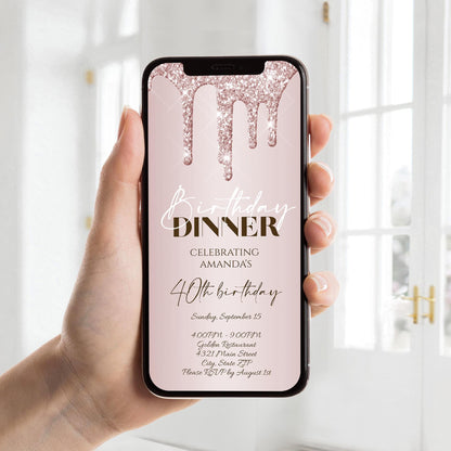 Electronic Birthday Dinner Evite, Rose Gold Glitter Phone Invite, Digital Template, Luxury Birthday Invite Text Message Invitation Paperless