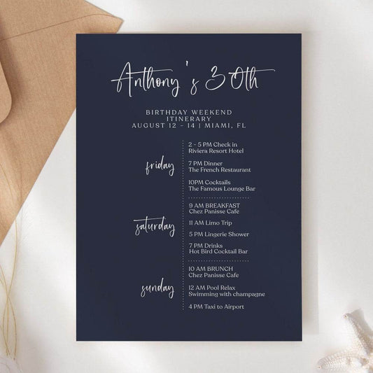 Printable Navy Blue Birthday Itinerary Template – Editable Minimalist Weekend Itinerary | Simple Digital Party Schedule | Instant Download