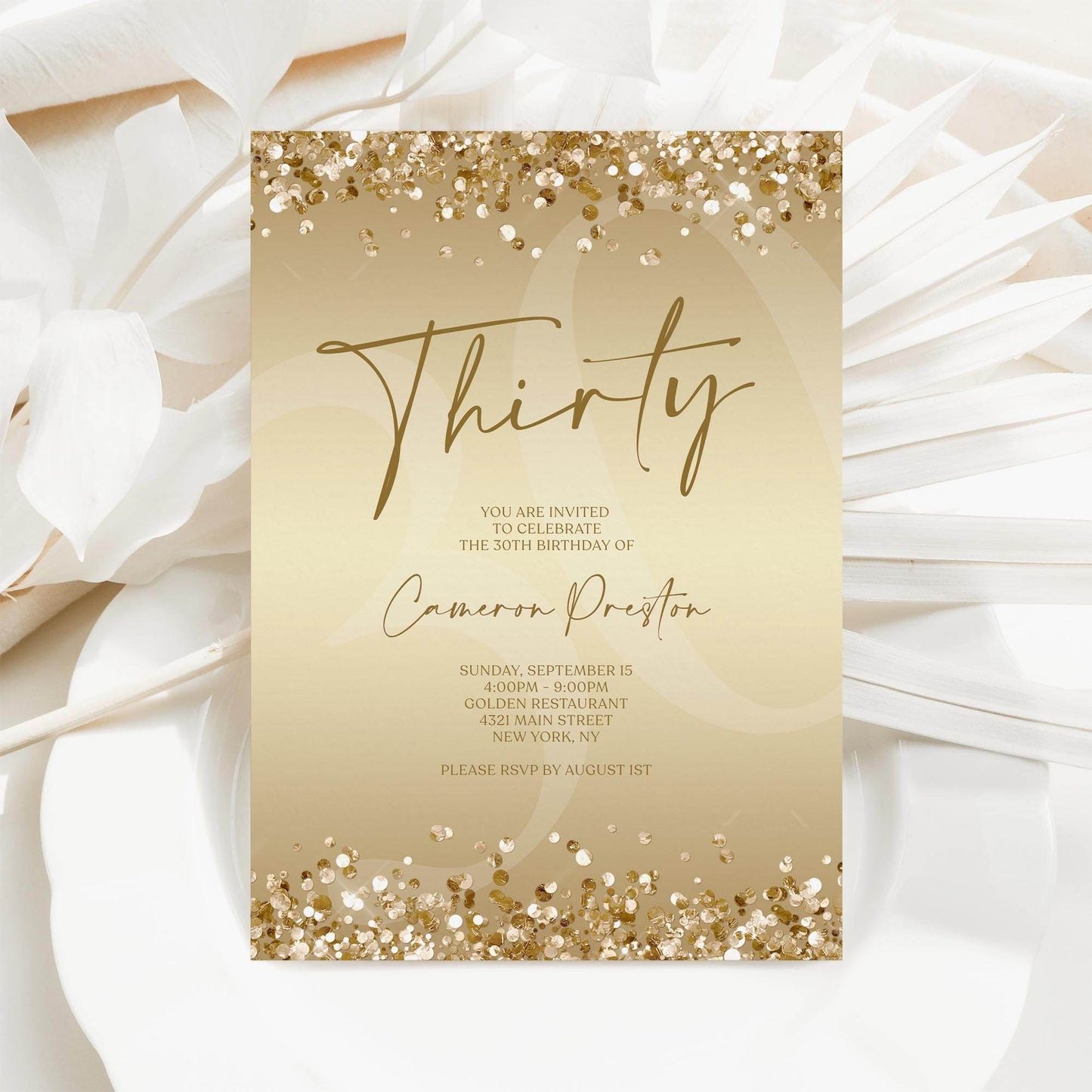 Gold Thirty 30th Invitation Template Printable, Editable Gold Confetti 30th Birthday Invite, Email Text Message, Ladies Surprise Party Card