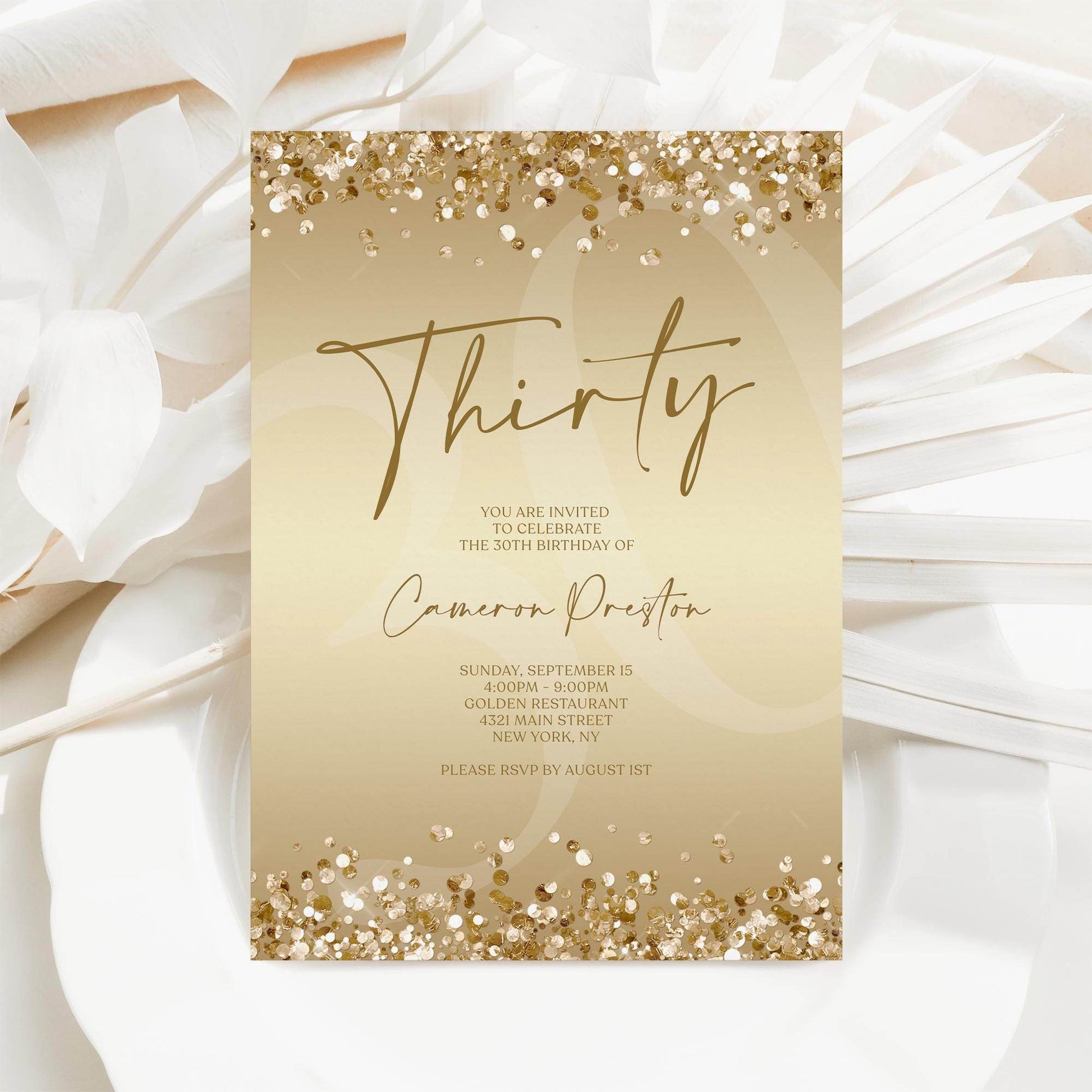 Gold Thirty 30th Invitation Template Printable, Editable Gold Confetti 30th Birthday Invite, Email Text Message, Ladies Surprise Party Card