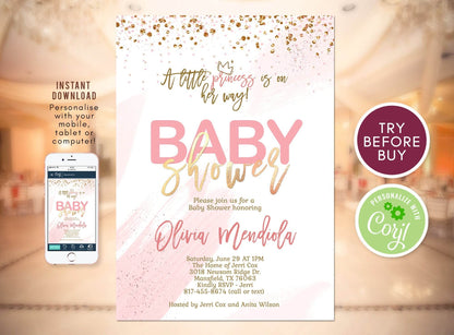 Gold Blush Confetti Girl Baby Shower Pink Invitation, Crown Princess Baby Shower Girl Invitation, Princess Baby Shower Printable Invite DIY